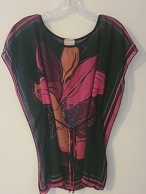 Vtg Y2K U.S. Top sheer, lightweight floral kaftan Dolman-style side Drapes & Tie